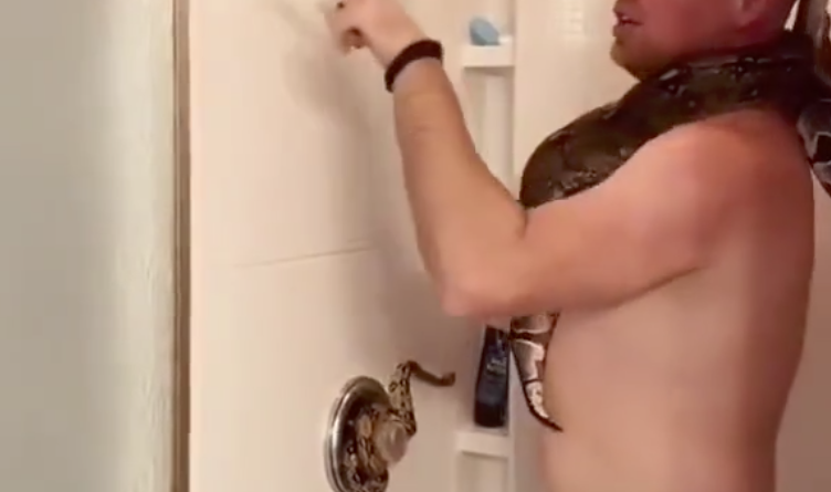 a man takes bath with snakes in his bathroom