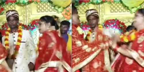 bride and girl friend fights for groom